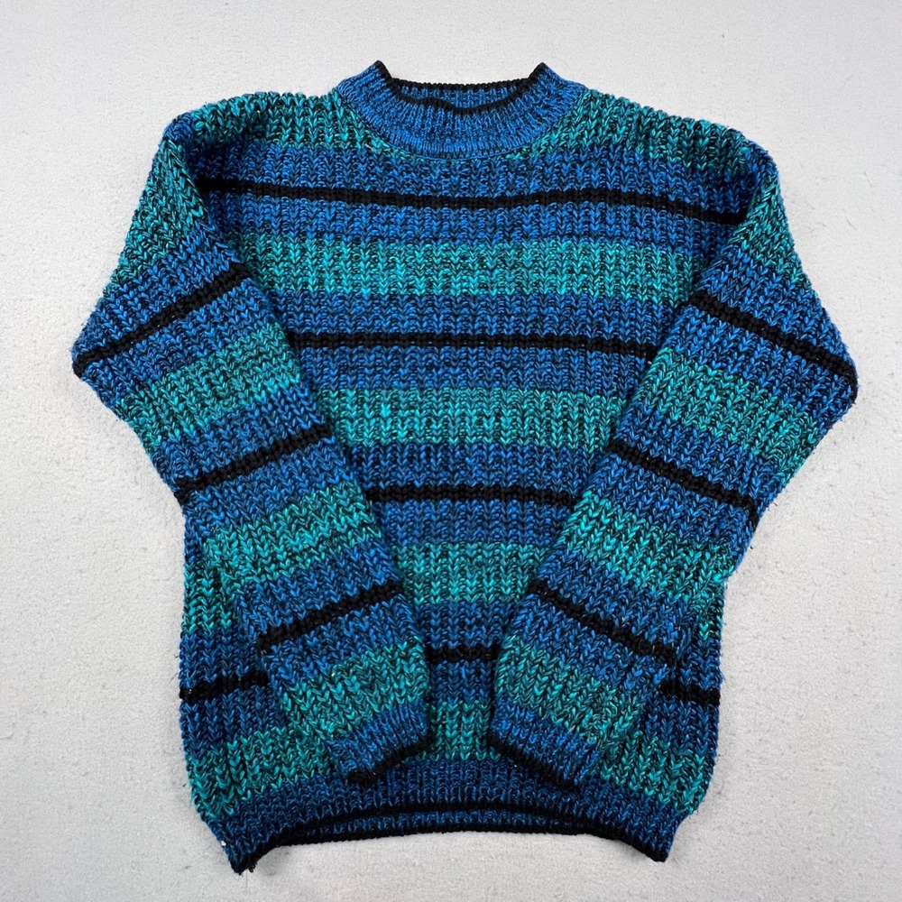 Credentials Striped Sweater Womens Large Blue Teal Black Vintage Knit Retro 90s
